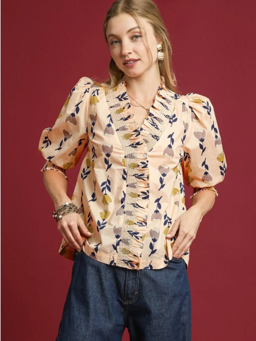 Umgee Peach Floral Puff-Sleeve V-Neck Top Ruffle Smocked Placket